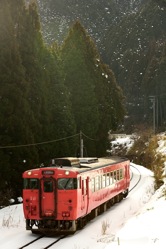 播但線の雪景色の渓谷を行くキハ４０とキハ４１ローカル列車（長谷